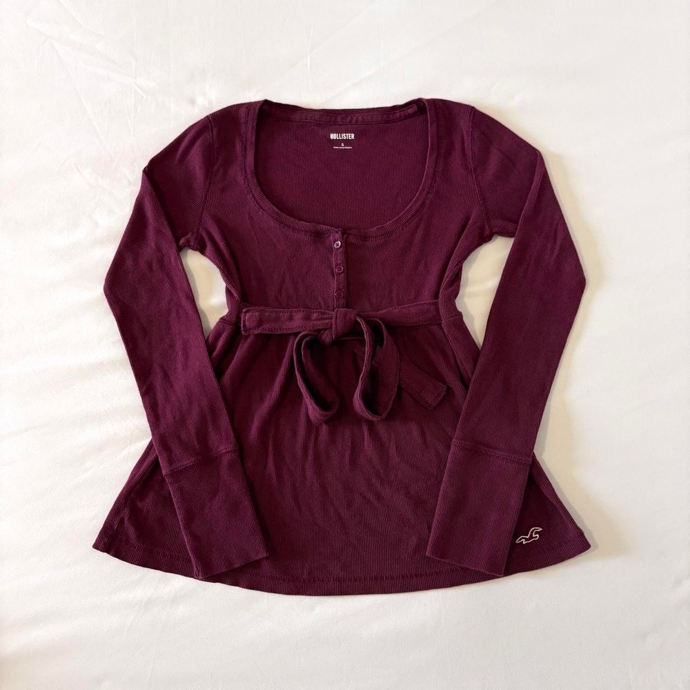Hollister Babydoll Henley Top Womens Small Burgundy Ribbed Tie Back Y2K